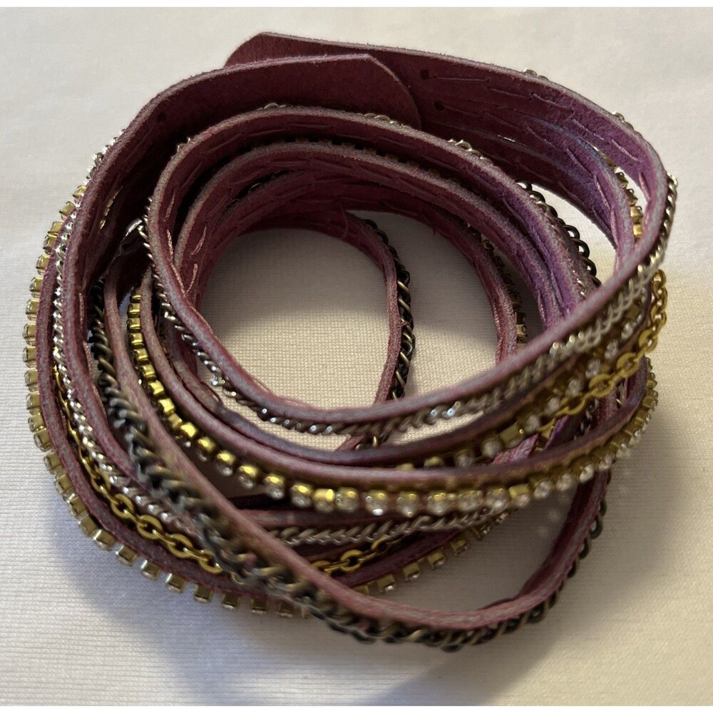 Hato Hasi Pink & Gold Leather Wrap Bracelet with Silver & Gold Tone Chains